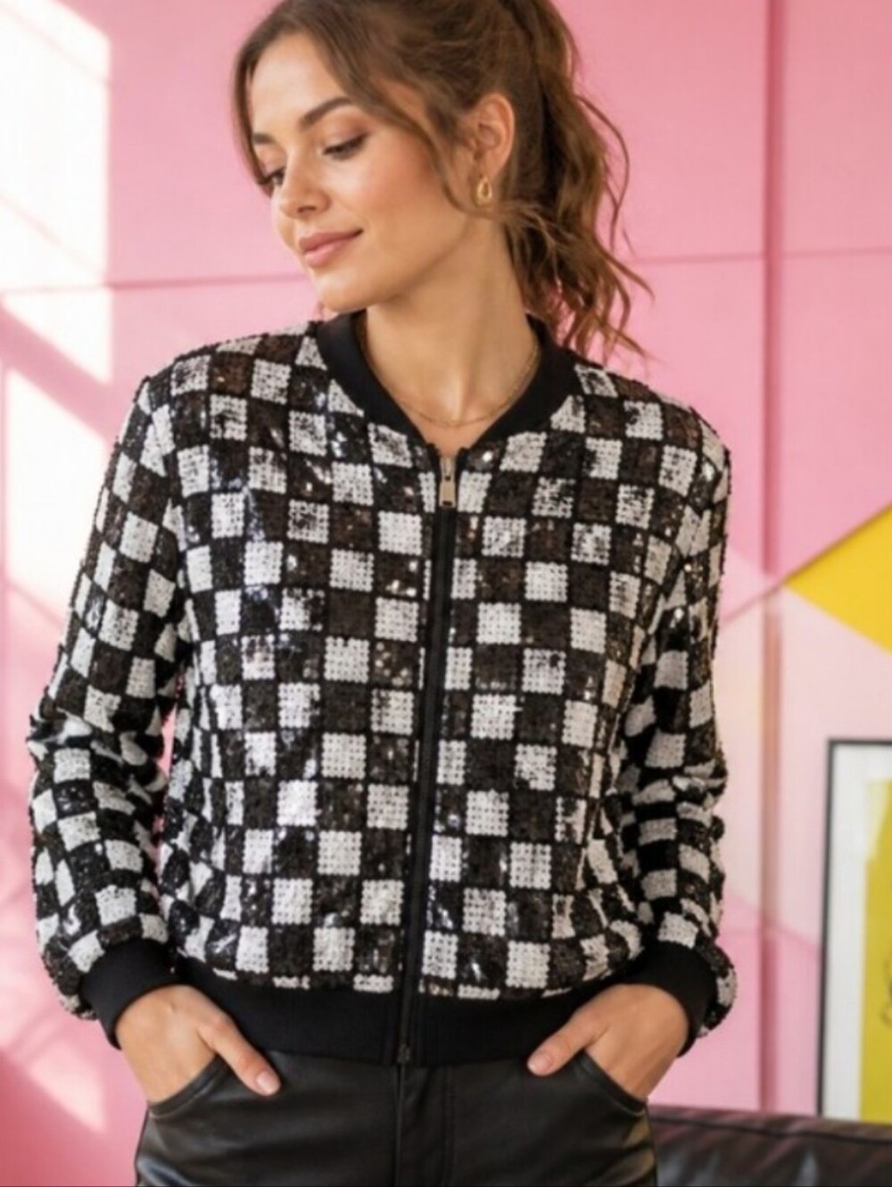 More Than Magic Checkerboard Knit Bomber Jacket - Black & White